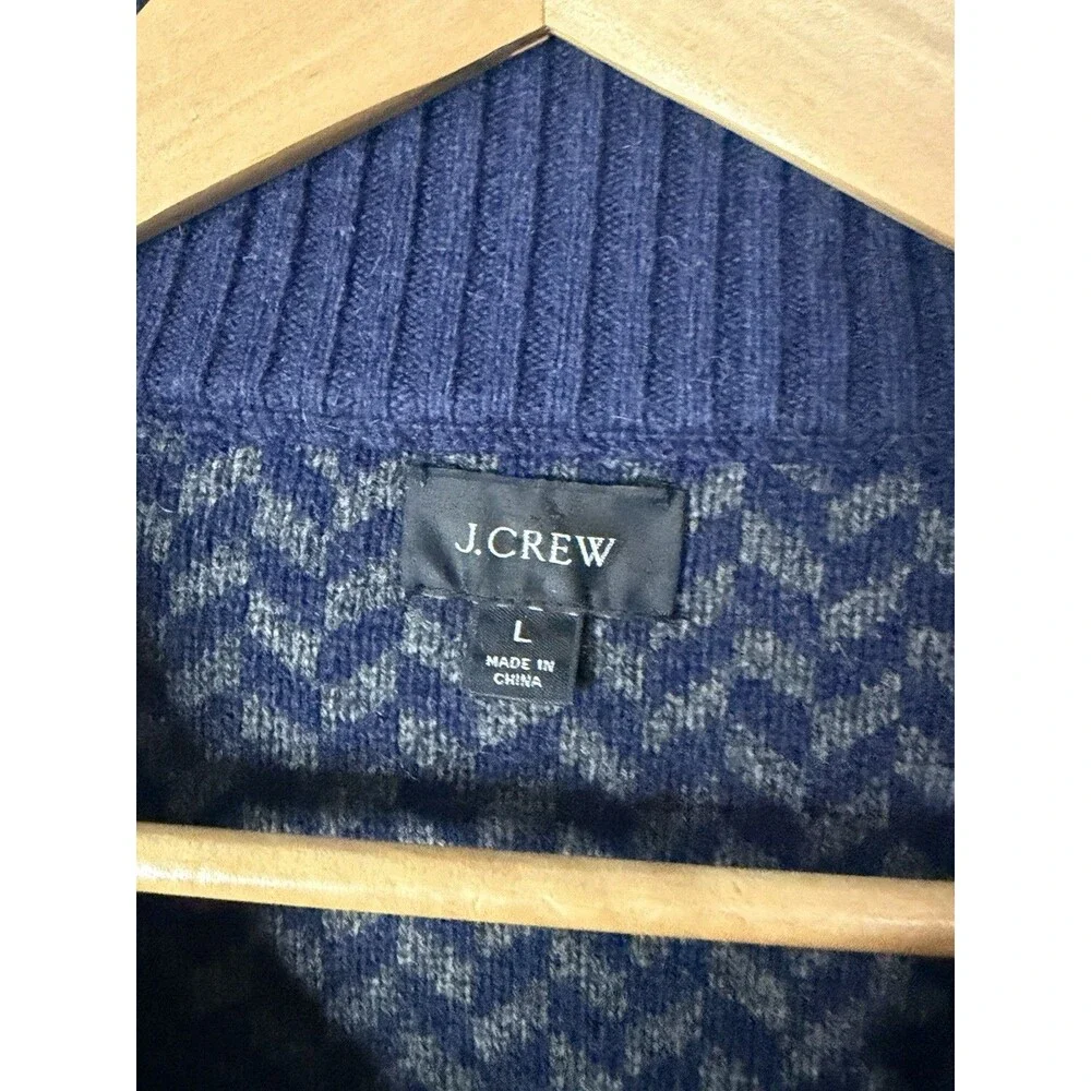 J. Crew Blue Herringbone Knit Merino Wool Blend 1/4 Pullover Sweater Large
